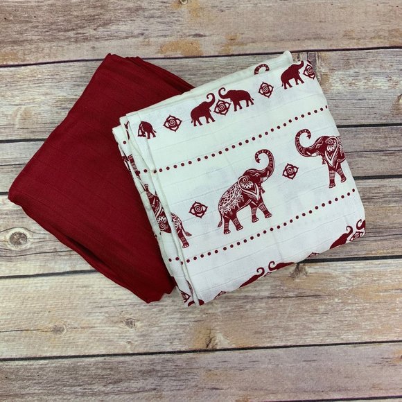 Elephants & Red, 2pk of BAMBOO Muslin Swaddles 50"x50" made from Bamboo, muslin, - Picture 1 of 3